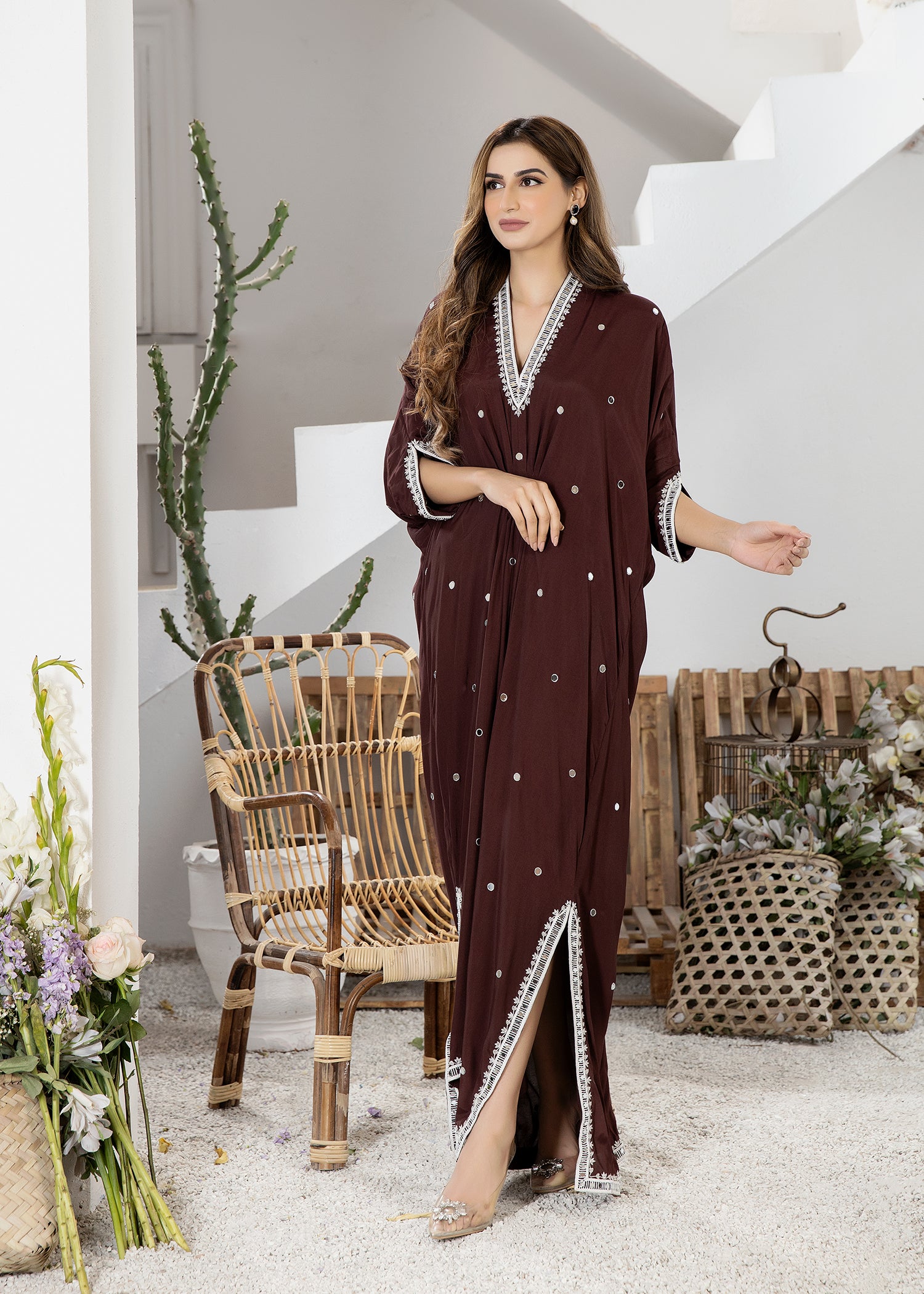 brown kaftan dress Grand Chocolate Brown Kaftan Gown with Gold Zari & Bead Work | Event Dress
